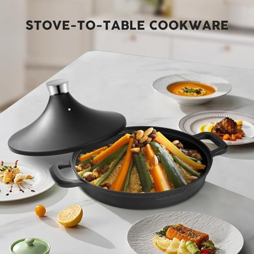 Image of Non-Stick Frying Pan /Skillet 11 inch, 3QT Tagine Pan,Cast Aluminum Pans with Lid, Stove /Oven-to-Table Cookware, Dishwasher Safe& Compatible with All Stovetops（Black）
