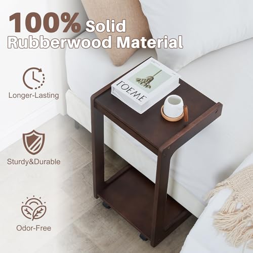 Image of Uniclinens C Table for Sofa, Rolling Side Table with Wheels, Sofa Table with Storage, Narrow Sofa Tray, Skinny Thin Side Table, Solid Wood Slim Small Couch End Table for Living Room, Walnut