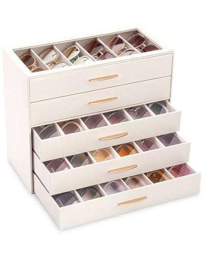 Lolalet Caja para Gafas de Sol 5 Niveles con 30 Compartimentos y Tapa Transparente – Organizador para Mujer, Ideal para Exhibir, Decorar o Regalar en el Hogar - Crema