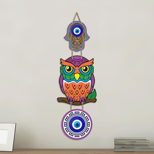 Image of Artvibes Decorative Owl Evil Eye Wall Hanging for Home Entrance | Nazar Battu MDF Wall Decor for Positive Energy | Lucky Owl Vastu Wall Art for Living Room | Bedroom | Hallway | Gift Item (WH 8523N)
