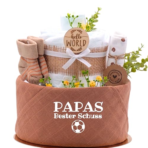Trend Mama® | Windeltorte Boho Style | Spruch wählbar | 27 Windeln (Gr.2), Musselintuch, Socken & Waschhandschuh |Geschenk Geburt (Design| Papas bester Schuss)