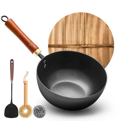 WANGYUANJI Carbon Steel Wok with Lid, 8.7' Small Mini Wok Pan, Thickened Heavy Duty Flat Bottom for Deep Frying, Camping & Solo Meals, Induction Ready, Seasoning Required, Traditional Pow Skillet