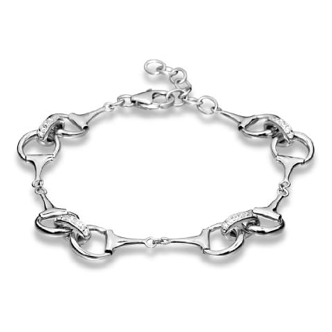 Paul Wright 925 Silver Snaffle Bit Bracelet, Equestrian Jewellery with Cubic Zirconia Accents, 16cm plus 3cm Extender Cover