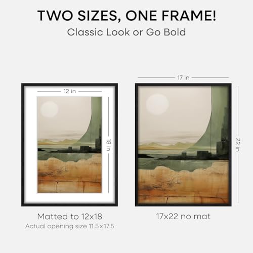 Image of Homeforia 17x22 Picture Frame Black Wood, High End Oak 17x22 Poster Frames with Mat 12x18 Photo, 17 x 22 Wooden Frame Matted to 12 by 18 Print, 22x17 Hanging Frames, Tempered Glass, Wall Kit, Set of 2