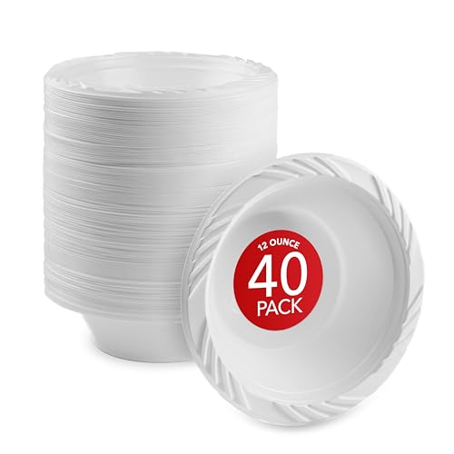 Stock Your Home (40 Pack) 12 oz Elegant White Plastic Bowls for Parties Small Disposable Bowl for Fancy Dinner or Cocktail Party, Soup and Salad, Thick and Sturdy