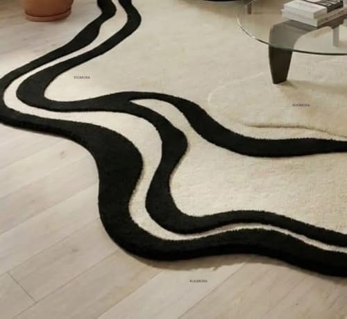 Image of Hand Tufted Wool Rug 6x8 Ft - Modern Irregular Shape Aesthetic Carpet, 1 Inch Thick Pile, Anti-Skid Backing, Soft Handmade Woolen Area Rug for Living Room, Bedroom, Hall Decor