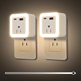 Night Lights Plug Into Wall 2 Pack Rechargeable Battery Backup Light Dusk to Dawn Sensor Night Light with Outlet Expander for Adults Kids Bedroom, Kitchen, and Bathroom (2, warm white, 3000K)