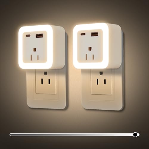 Night Lights Plug Into Wall 2 Pack Rechargeable Battery Backup Light Dusk to Dawn Sensor Night Light with Outlet Expander for Adults Kids Bedroom, Kitchen, and Bathroom (2, warm white, 3000K)