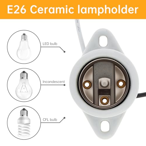 RTNLIT Porcelain E26 Light Socket, Medium Keyless Threaded Base Ceramic Lamp Bulb Holder with Two Hole Flanged Mounting and Wire for Indoor Garage Closet Lighting(Pack of 6) by RTNLIT - Image 3
