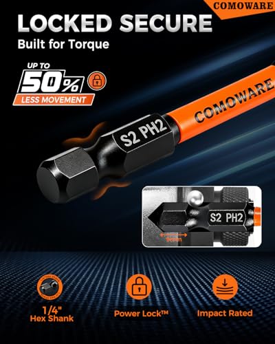 Image of COMOWARE 2 Inch PH2 High Magnetic Impact Screwdriver Drill Bit Set, 21PCS, #2 Anti-Slip Phillips Bits, S2 Steel, Phosphating Driver Bit Set with CNC Magnetic Impact Bits for Power Drill