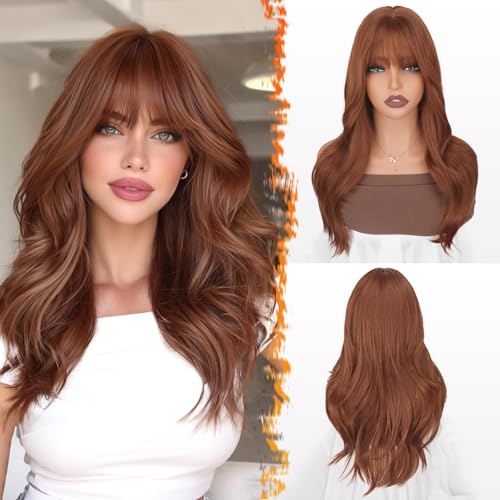 BARSDAR Auburn Layered Wig with Bangs - 20 Inch Auburn Layered Bangs Wig for Women - Natural Looking Thick Soft Wavy Synthetic Red Head Wigs Straight Layers Haircut with Fringe Daily Party Halloween