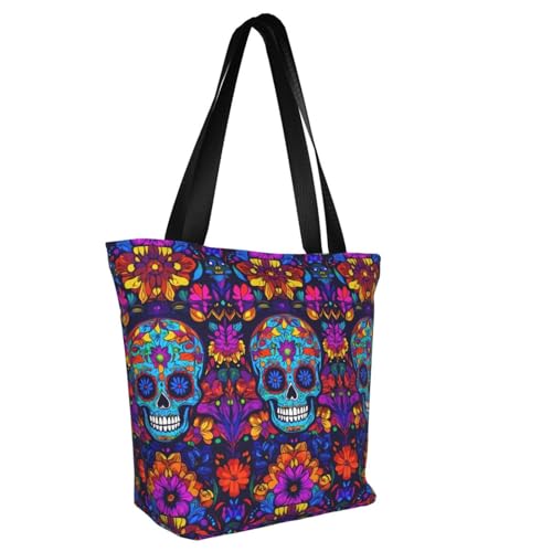 Sugar Skull Day of The Dead Flowers Women one Shoulder Bag Handbag Grocery Bags Tote Bag with Inner Pocket2