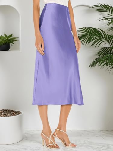 Image of Amy Babe Womens Satin Silk High Waist Slit Midi Skirt Long Skirts for Women | Elastic Waistband, Side Split, Midi Length, Below the Knee, Silky Fabric, Elegant, Fall Winter Outfits