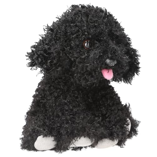 Depesche 13515 TOPModel - Kuscheltier Hund in Schwarz, ca. 16 cm großes Plüschtier mit lockigem Fell und rosa Zunge