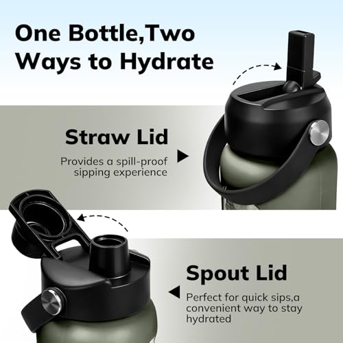 Image of Aqulea 32 oz Glass Water Bottle with 2 Lids - Spout & Straw Lids, 1L Motivational Borosilicate Glass Water Bottle with Time Marker & Silicone Sleeve, Leakproof (Sage)