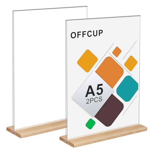 OFFCUP A5 Soporte de Menú, 2pcs Soporte para Letreros, T Expositor de Mesa, para Soporte Carteles Expositor Publicitario Soportes de Sobremesa para Carteles Soporte Sobremesa Acrílico -Base de Madera