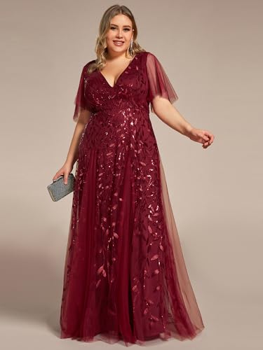 Image of Ever-Pretty Women's Sequin V Neck Plus Size Formal Dresses Evening Gown | Short Sleeve, A-Line, Empire Waist, Plus Size Mother of the Bride Dresses, Plus Size Gala Dress