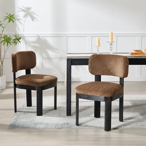 Wahson Brown Upholstered Dining Chairs Set of 2, Mid Century Modern Fabric Dining Room Chairs with Hardwood Legs and Padded Back, Farmhouse Kitchen Chair Cozy Accent Chair