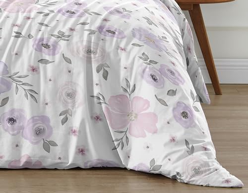 Image of Sweet Jojo Designs 2-Piece Twin Comforter Set (Purple /Grey Boho Floral) for Girls, Kids, Teen, College Bed Room incl. Single Size Bedding & Sham (Watercolor, Flower, Elegant, Rose, Farmhouse, Blush)