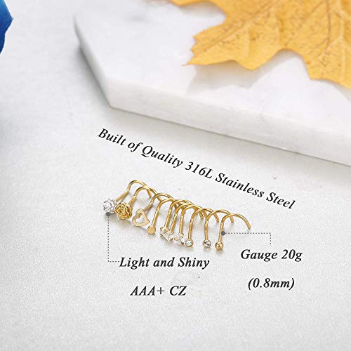 JOERICA 10 Pcs 20G Stainless Steel Screw Nose Studs Rings CZ Labret Silver Gold Nose Stud Piercing Jewelry Set4