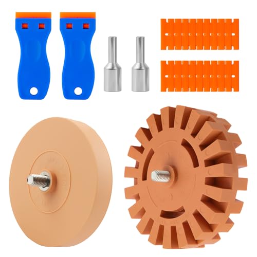 TSIEBRV 2PCS Eraser Wheel for Drill with 2PCS Sticker Remover Tool Serrated&Solid Type Decal Remover Wheel Without Wear Car Paint Decal Eraser Wheels with 20 Blade for Car Sticker/Decals