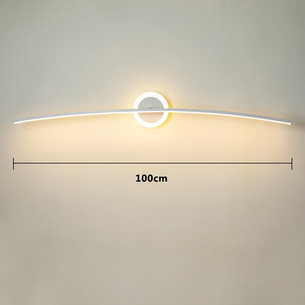 Lámpara de pared interior curvo, 25W lampara led espejo baño, led apliques de pared largo, 100cm aplique moderno dormitorio, sala de estar, pasillo (Blanco-100cm)