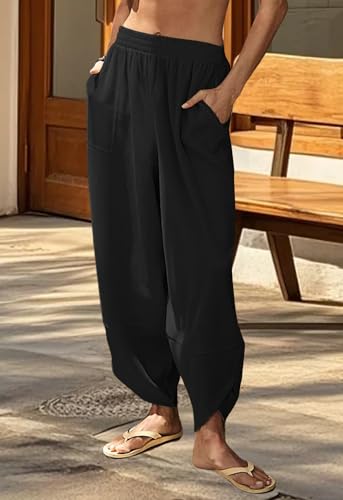 niyokki Wide Leg Palazzo Beach Pants for Women Lounge Baggy Comfy Harem Pants Elastic Waist Casual Streetwear with Pockets4