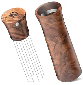 Creatomer Espresso Distribution WDT Tool Walnut Wood Coffee Stirrer for Kitchen with Holder Professional Barista accessories with 8 Needles 0.4mm, Extra 0.3mm Needle Gift for Coffee Lovers