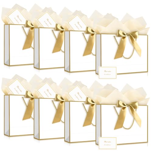 Image of JMANNI Gift Bags with Handles, 13 inch Medium Gift Bag for Presents, 8 Pcs Bags with 16 Tissue Paper and 8 Cards for Baby Shower Wedding Bridal Shower Mother's Day Birthday Party(white-gold)