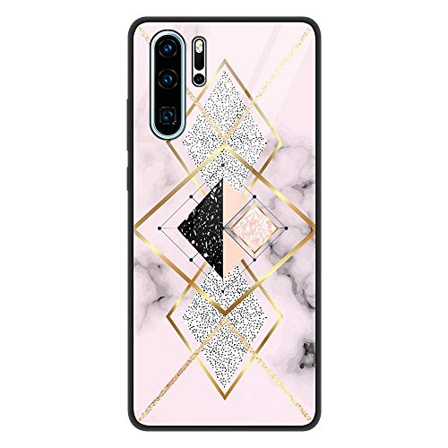 Eouine Huawei P30 Pro Case, [Anti-Scratch] Shockproof Patterned Tempered Glass Back Cover Case with Soft Silicone Bumper for Huawei P30 Pro Smartphone (Marble Pink)