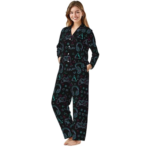 Image of Women'S Long Sleeve Pajama Set Soft Loungewear Button-Down Top & Elastic Waist Pants S- 2XL