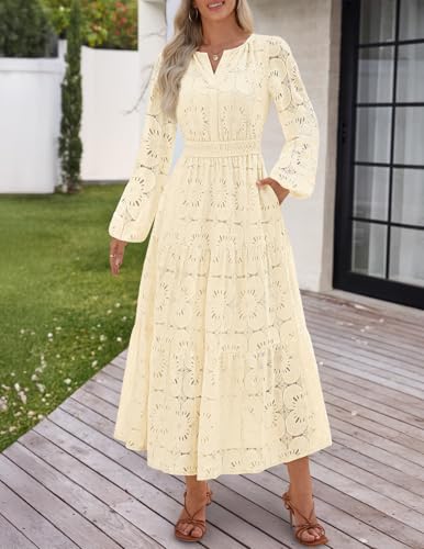 Image of MEROKEETY Women's Fall Long Sleeve Floral Maxi Dress Lace Eyelet Hollow Out Tiered Boho Wedding Guest Dresses Pockets
