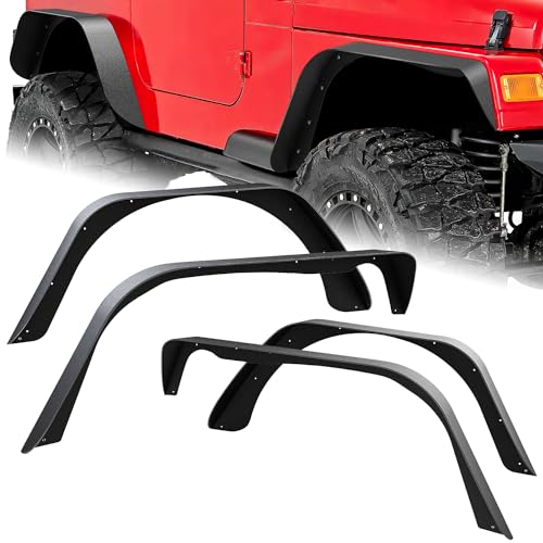 Image of Nilight Off-Road Fender Flares Kit Compatible with 1997 1998 1999 2000 2001 2002 2003 2004 2005 2006 Wrangler TJ & LJ Heavy-Duty Solid Steel Black Textured Front Rear Flat 4 PCS
