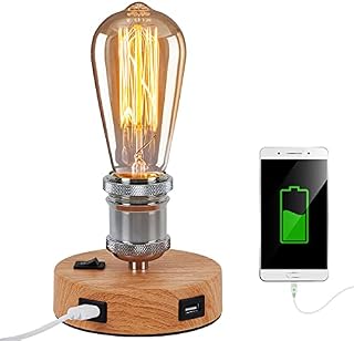 Jansi USB Table Lamp , Industrial Table Lamp with 2 USB Ports, Small Vintage Bedside Desk Lamp for Bedroom, Office, Living Room (Without Bulb) (Wood Color)