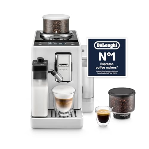 De'Longhi Rivelia EXAM440.55.W, Fully Automatic Coffee Machine with LatteCrema Hot, Automatic Milk Frother, Compact Size Bean to Cup Coffee Machine, 16 Recipes, Touch Colored Display, Arctic White