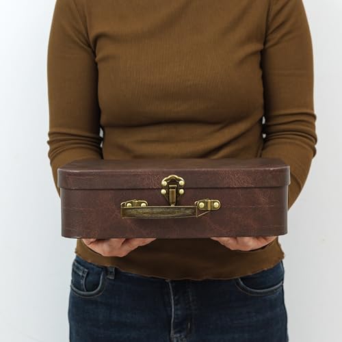 SLPR Paperboard Suitcases Set of 3, Brown Leather - Vintage Cardboard Suitcase Decor, Nesting Luggage Decorative Mache Boxes with Hinged Lids and Brass Handle, Mini Suitcases for Centerpieces