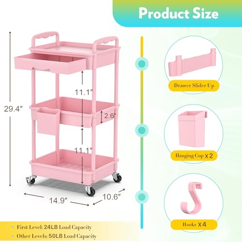Image of SUNALLY Makeup Cart Organizer with Drawer, 3 Tier Rolling Makeup Cart, Pink