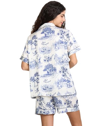 Image of YiNi LuLu Womens Silk Satin Shorts Pajamas Set Button Down 2 Piece Pjs Short Sleeve Oversized Sleepwear with Pockets