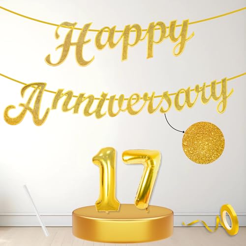 Image of Flyloons 17th Happy Anniversary Banner Gold Decorations Kit for Men Women Wedding Anniversary Banner Items without Balloons