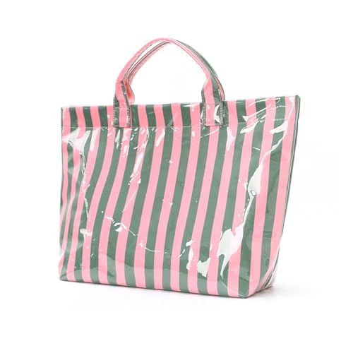 Image of Striped PVC Tote Bag for Women, Waterproof Plastic Hobo Handbag Summer Tote for Beach, Pool & Ideal Gift