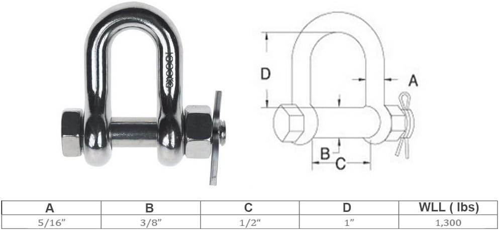 4 Pcs Marine Boat Forged 5/16" Bolt Pin Chain Shackle 1,300 Lbs WLL Stainless Steel T316