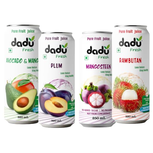 Image of Dadu Fresh Fruit Juice Combo | Avocado & Mango, Plum, Mangosteen & Rambutan | Pure Fruit Healthy Beverage | No Added Sugar, No Preservatives, Not from Concentrate | Vitamin Rich & Naturally Refreshing | 1210ml (4 Cans)