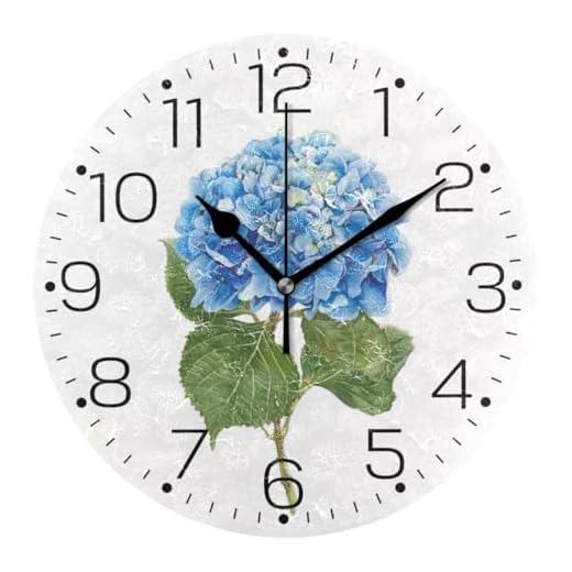 Tarity Blue Hydrangea Flowers Wall Clocks Battery Operated Non Ticking Silent Modern Round Decorative Wall Clock for Living Room Kitchen Bedroom Office School Classroom Farmhouse Decor, Black25x25cm