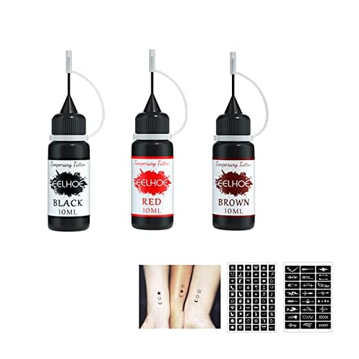 Tatuajes Temporales, Tatuajes Plantillas, 3 Colores Kit de Tatuajes Temporales con 2 Plantillas, Tatuaje Temporal de Bricolaje, Tinta de tatuaje temporal, para Cumpleaños, Fiesta de Navidad