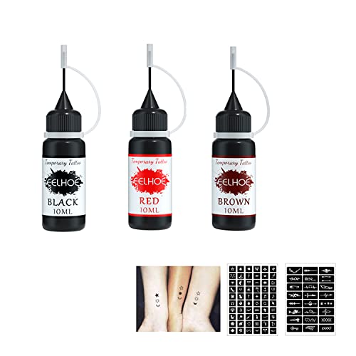 Kit de Tatouage Temporaire 3 Couleurs, Encre Pour Tatouage Temporaire, Tattoo Ink, Pochoirs de Tatouage Temporaires, pour la Peinture d'art Corporel de Visage pour Hommes Femmes