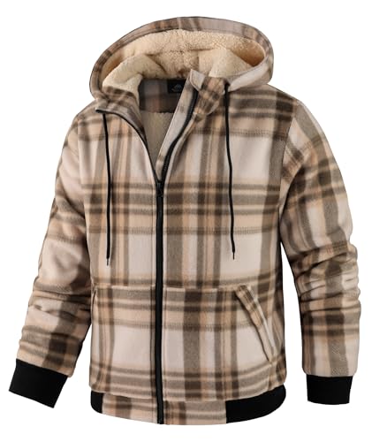 Image of Mens Plaid Hoodies Winter Zip Up Fleece Jacket Sherpa Fleece Lined Warm Flannel Jacket Coat