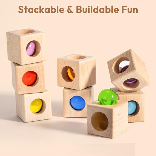 Image of Woodtoe Building Blocks for Kids, Montessori Stacking Toy for 3-6 Year Old | Wooden Blocks with 8 PCS Gem Balls, Educational STEM Creative Sensory Toy, Birthday Gifts for Kids Boys Girls