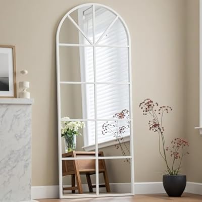 Prywot Mirror Full Length, 65"x22" Arched Window Pane Mirrors for Wall Decor, White Full Body or Wall Mounted Mirrors, Farmhouse Standing Mirror Hanging or Leaning for Living Room, Entryway, No Stand