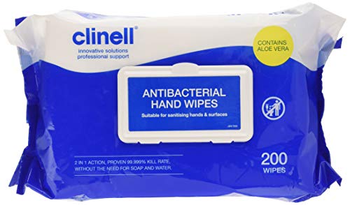 CLINELL – Toallitas antibacterianas para manos y superficies – Dermatológicamente probado, mata el 99,999% de los gérmenes, paquete de 200...