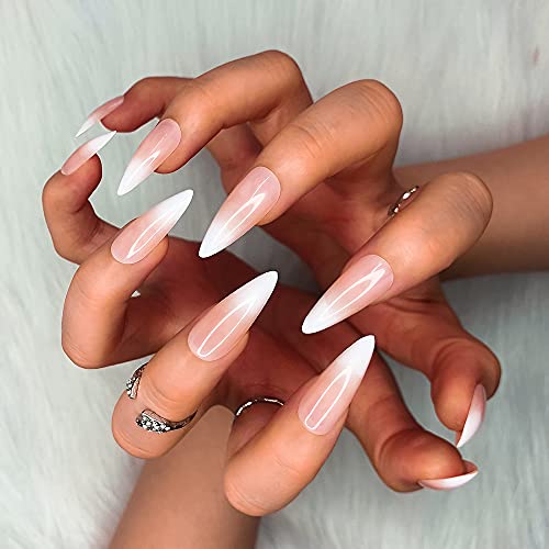 Morily 24Pcs Fake Nails White Pink French Ombre Medium Long Stiletto Almond Press On Nail False Tips Artificial Finger Manicure For Women And Girls (French Ombre) #TOP4